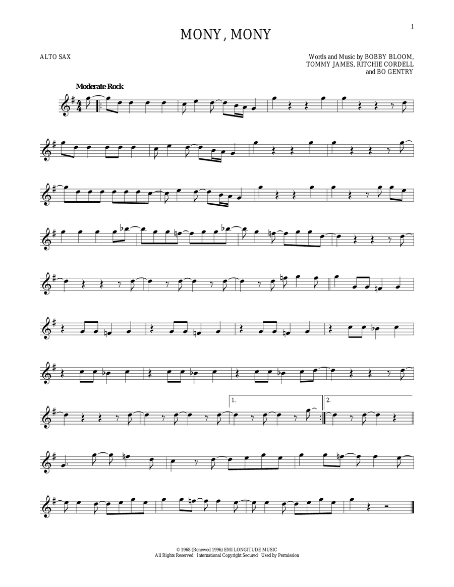 Mony, Mony Mony, Mony Alto Saxophone scores gallery preview page 1