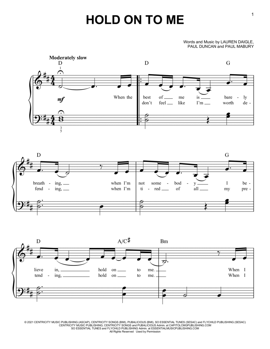Hold On To Me Easy Piano scores gallery preview page 1