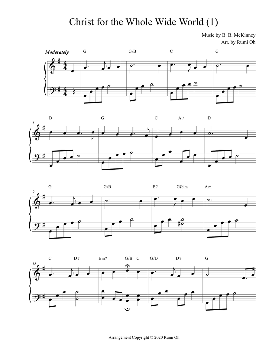 [Christ for the Whole Wide World] Favorite hymns arrangements with 3 levels of difficulties for begi Easy Piano scores gallery preview page 1
