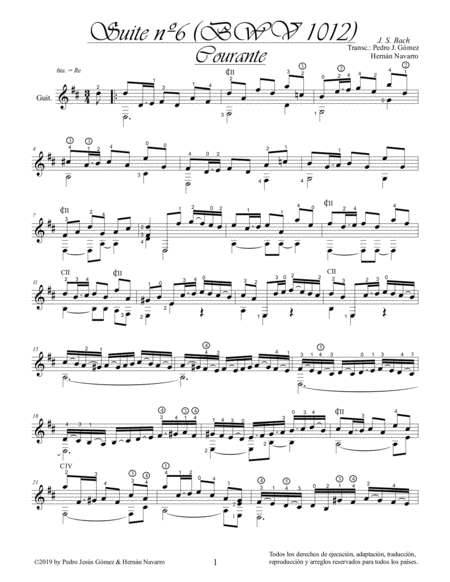 J.S. Bach Courante BWV 1012-6th. suite cello guitar arr.: P.J. Gómez & H. Navarro edition