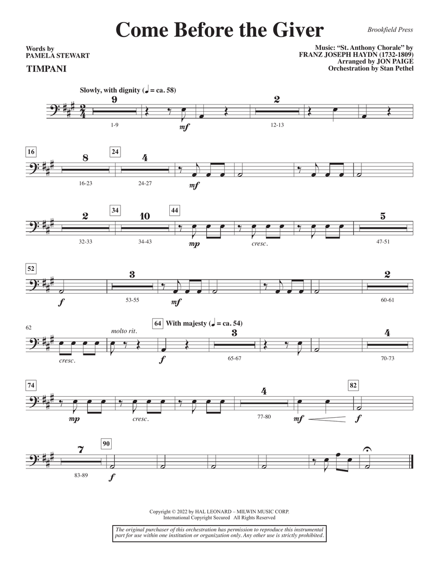 Come Before the Giver (arr. Jon Paige) - Timpani