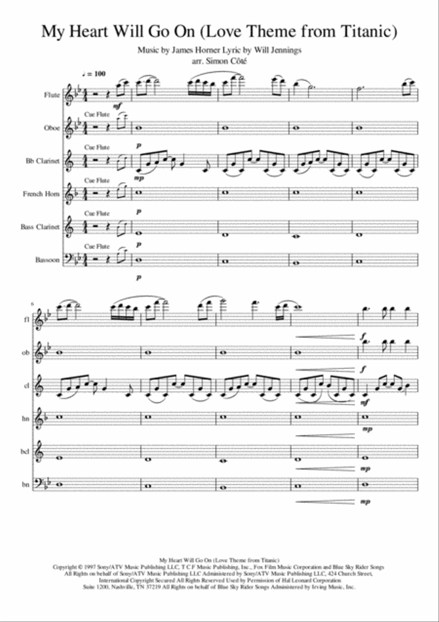 My Heart Will Go On (Love Theme from Titanic) Woodwind Quintet scores gallery preview page 1