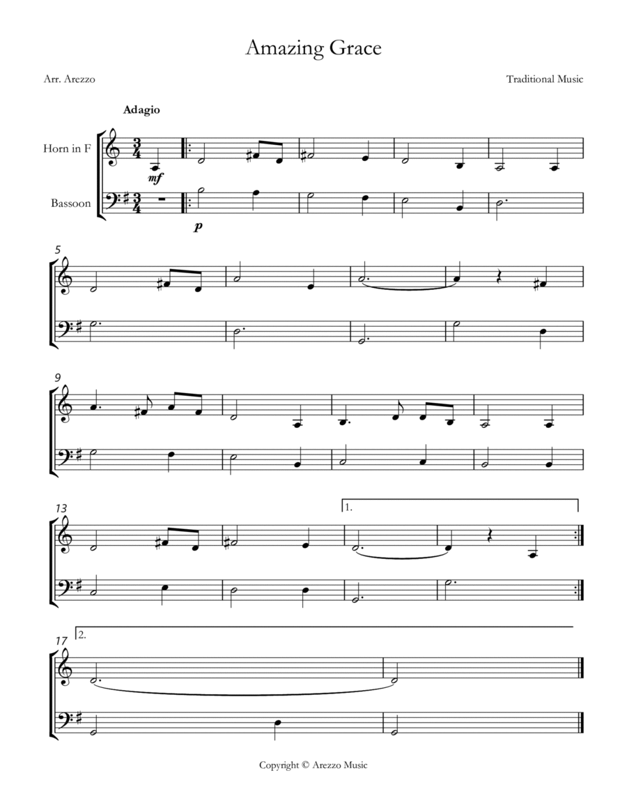 Jonh Newton Amazing Grace Easy French Horn and Bassoon Sheet Music G major image number null