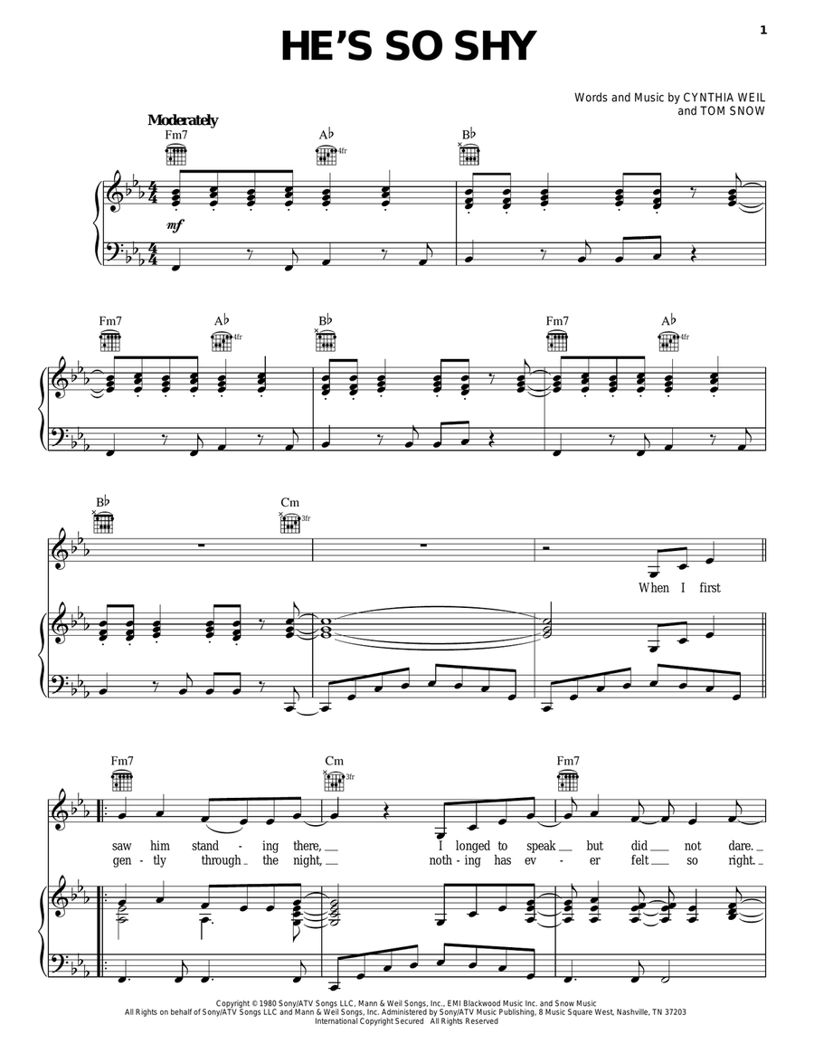 He's So Shy Piano, Vocal, Guitar scores gallery preview page 1