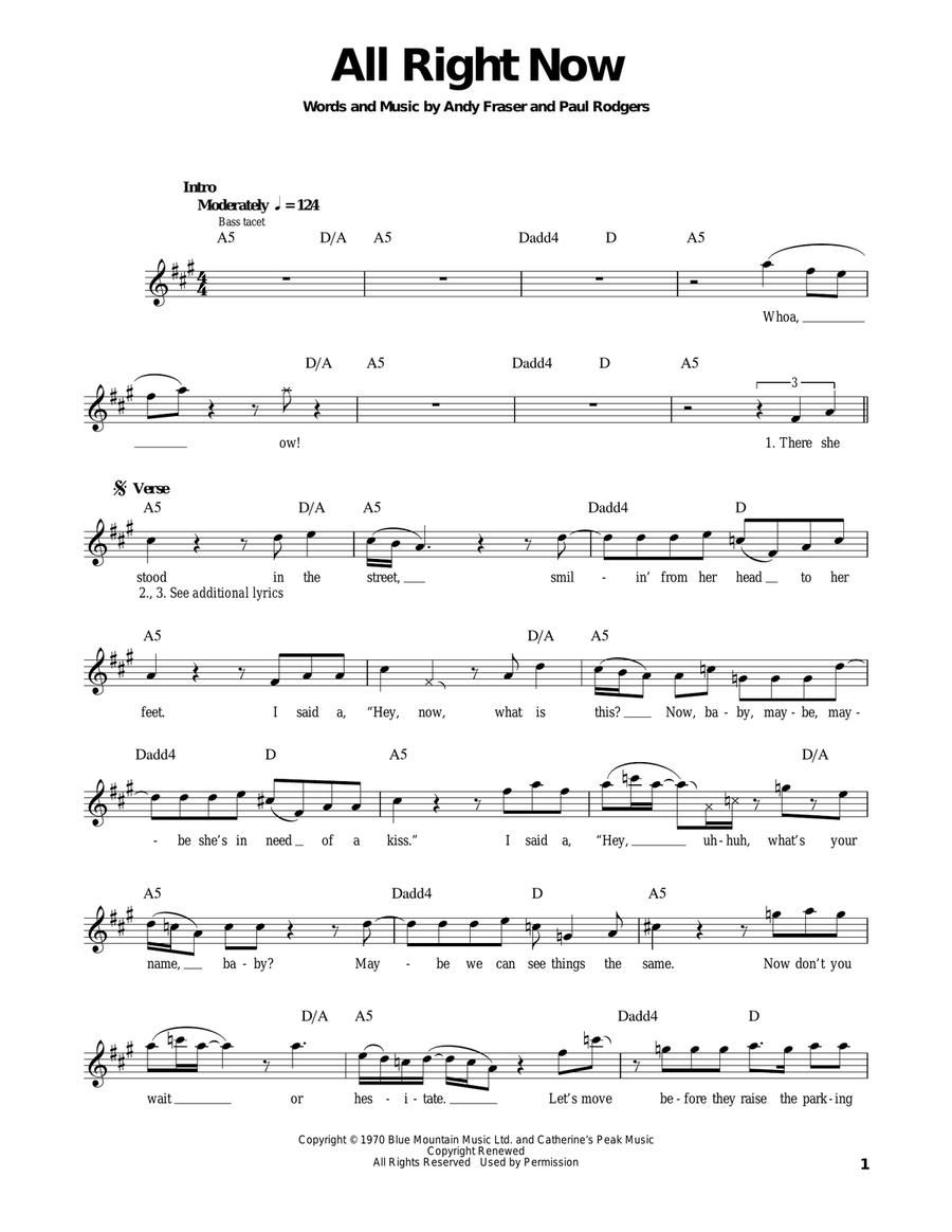 All Right Now Bass Guitar Tablature scores gallery preview page 1