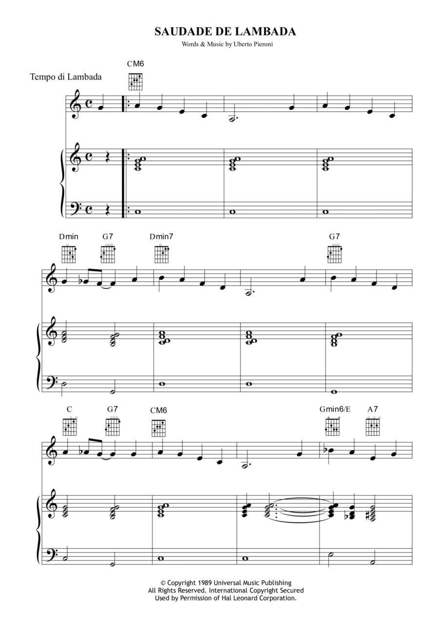 Saudade de Lambada Piano, Vocal, Guitar scores gallery preview page 1