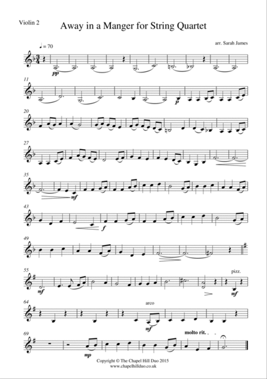 Away in a Manger for String Quartet - Full Length Carol Arrangement by the Chapel Hill Duo String Quartet scores gallery preview page 3