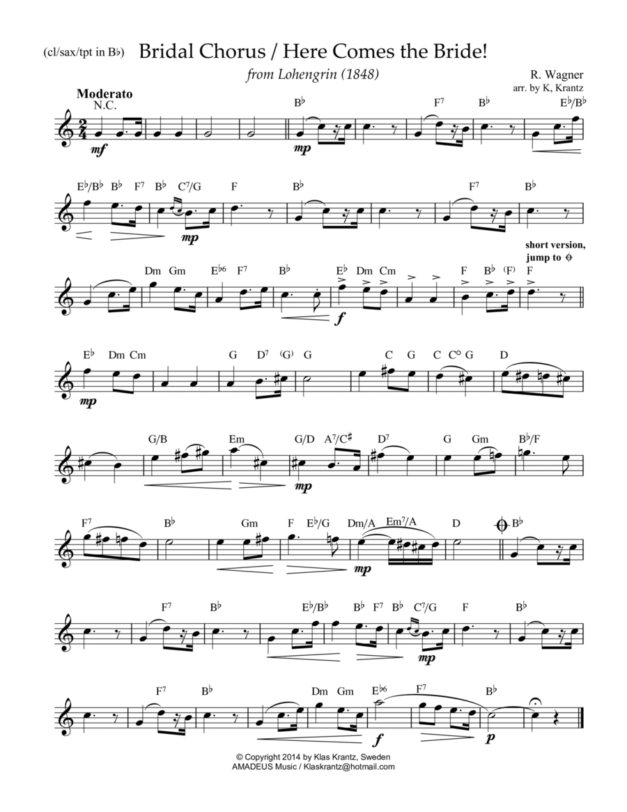 Bridal Chorus / Here Comes the Bride! lead sheet for B-flat instr. with guitar chords (C Major) image number null