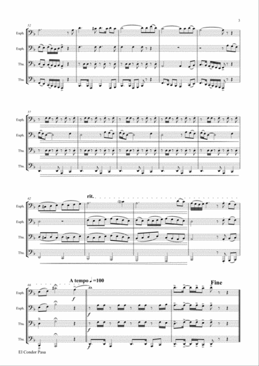 El Condor pasa - Peruvian Folk Song - Low Brass Quartet/Tuba Quartet Brass Quartet scores gallery preview page 3