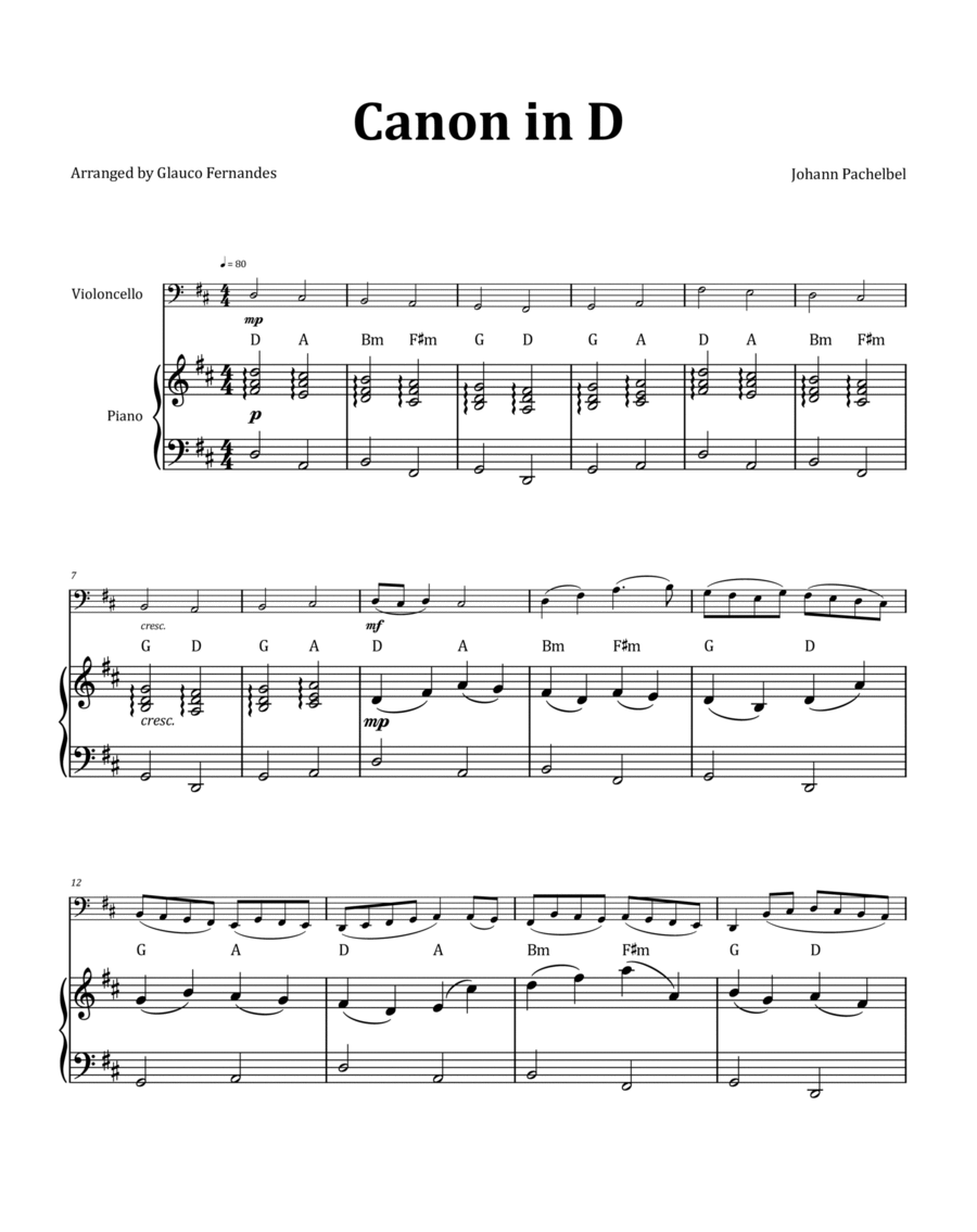 Canon by Pachelbel - Cello & Piano and Chord Notation image number null