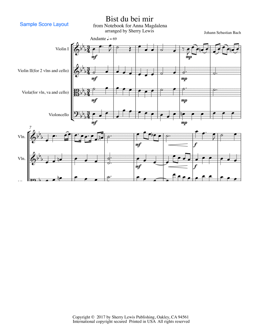 BIST DU BEI MIR String Trio, Intermediate Level for 2 violins and cello or violin, viola and cello String Trio scores gallery preview page 1