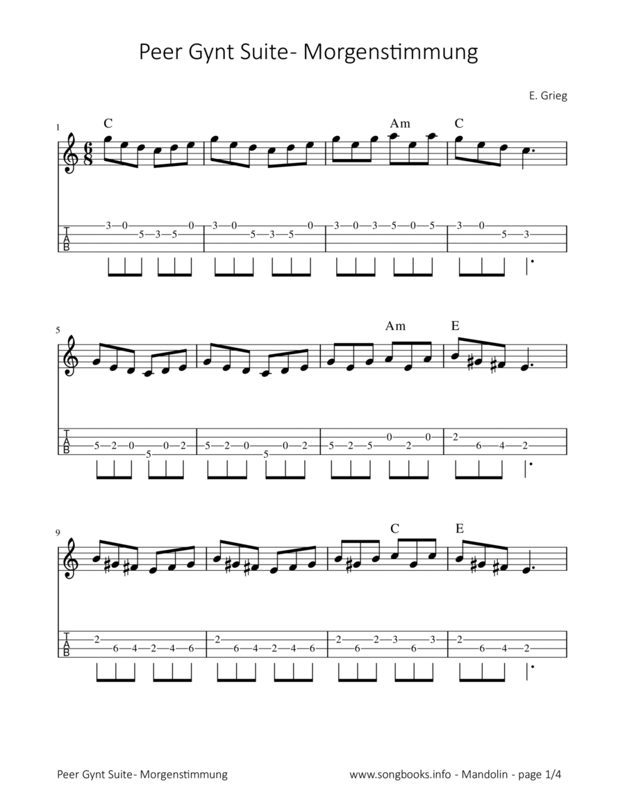 Peer Gynt - Morgenstimmung - E. Grieg Mandolin scores gallery preview page 1