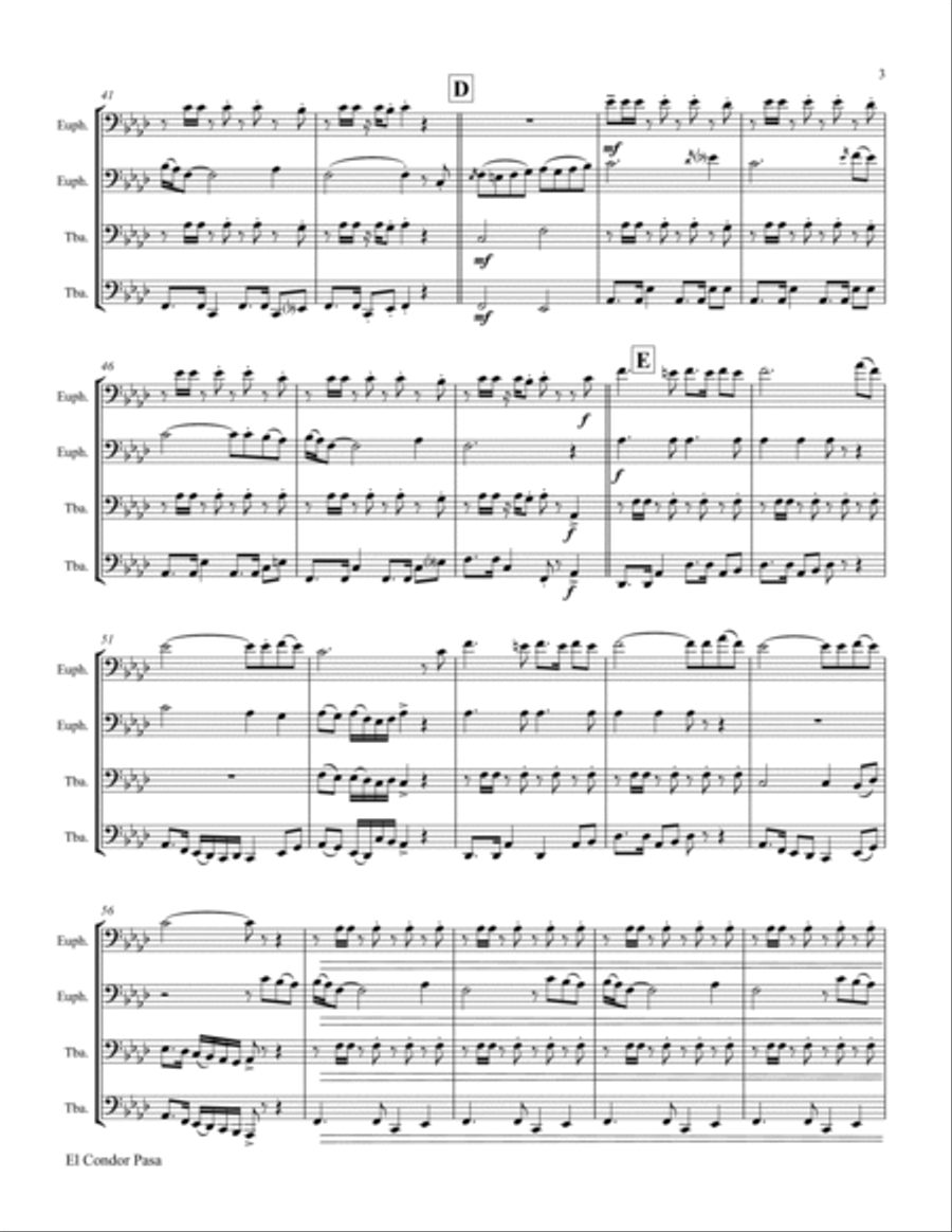 El Condor Pasa - Peruvian Folk Song - Low Brass Quartet Tuba Quartet - Ab Brass Quartet scores gallery preview page 4