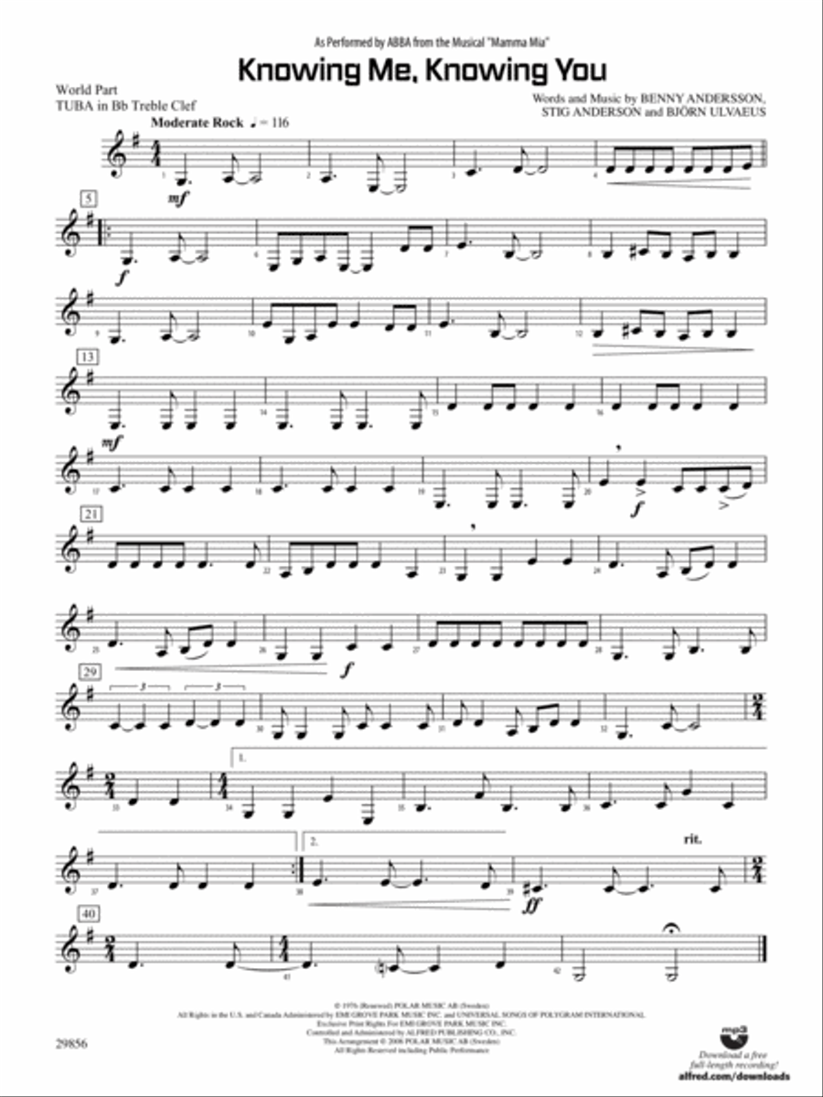 Knowing Me, Knowing You (As performed by ABBA from the musical Mamma Mia): (World Part) B-flat Tuba T.C. Concert Band scores gallery preview page 1
