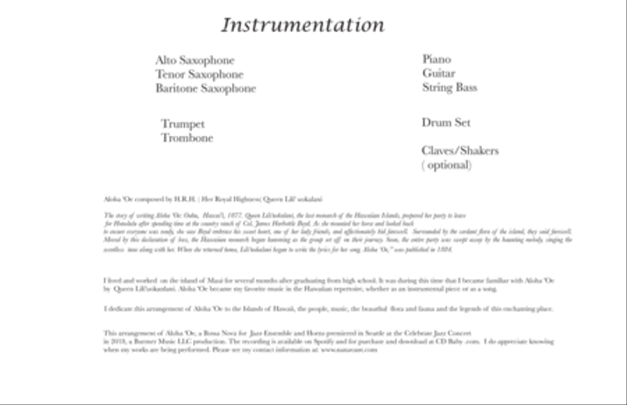 Aloha 'Oe for Jazz Ensemble and Horns, a bossa nova. Jazz Ensemble scores gallery preview page 3