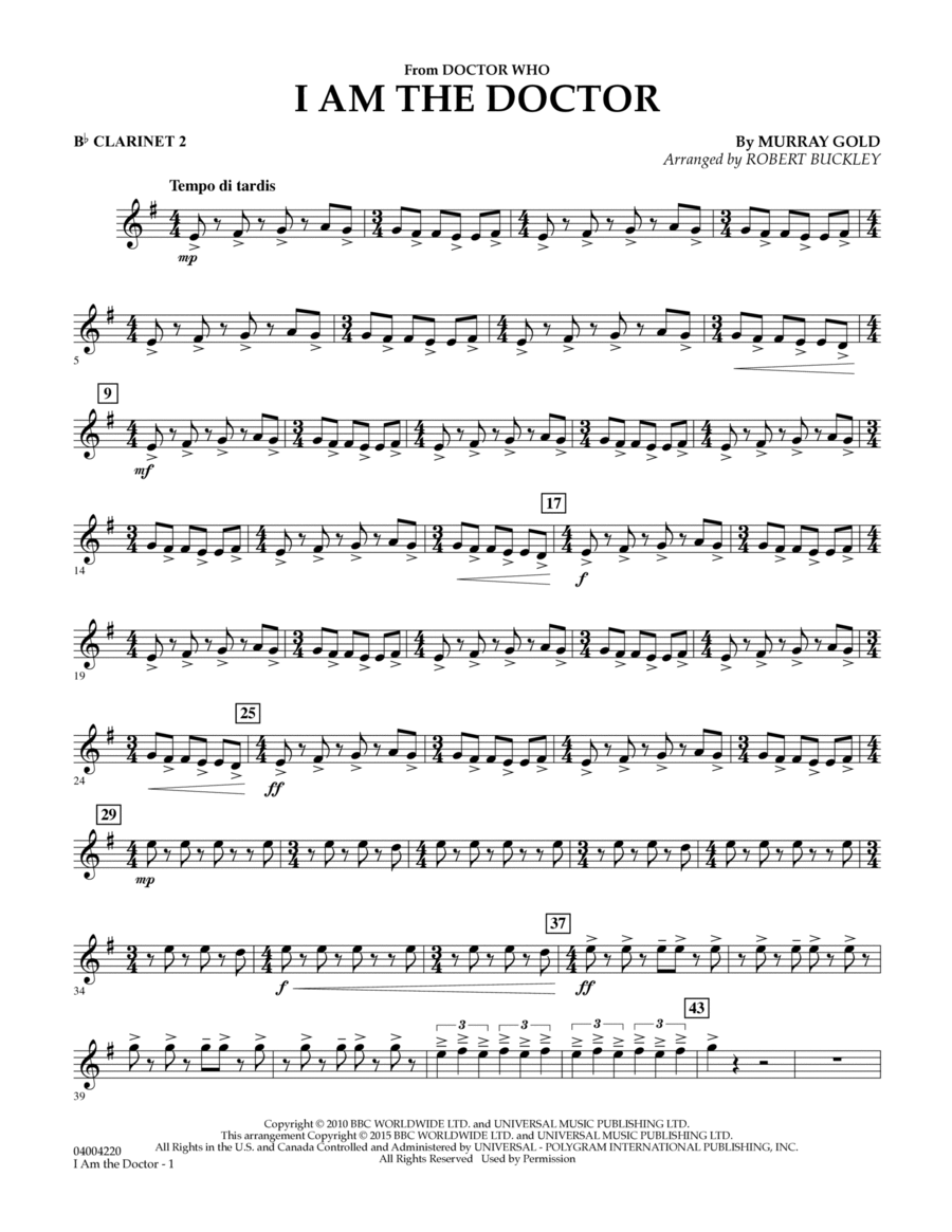 I Am the Doctor (from Doctor Who) - Bb Clarinet 2 B-Flat Clarinet scores gallery preview page 1