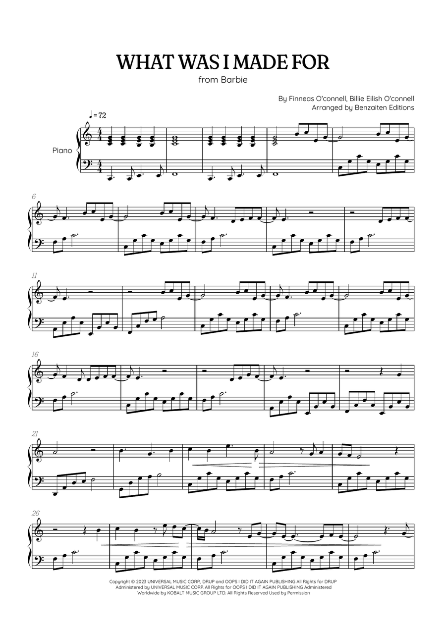 What Was I Made For? Piano Solo scores gallery preview page 1