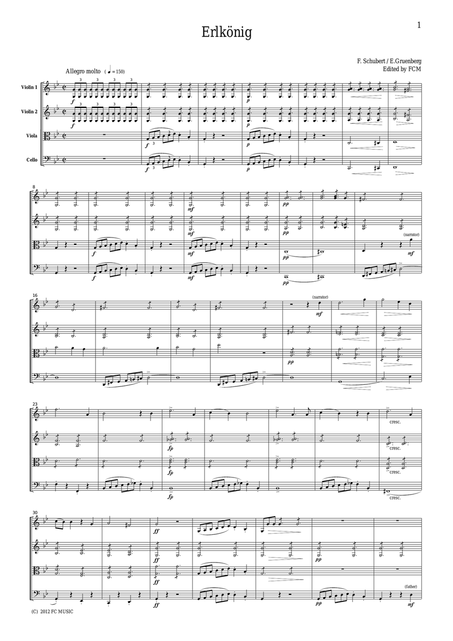 Schubert Erlkonig (Erl King), for string quartet, CS006 String Quartet scores gallery preview page 1