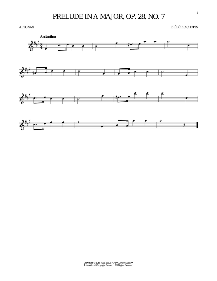 Prelude In A Major, Op. 28, No. 7 Alto Saxophone scores gallery preview page 1