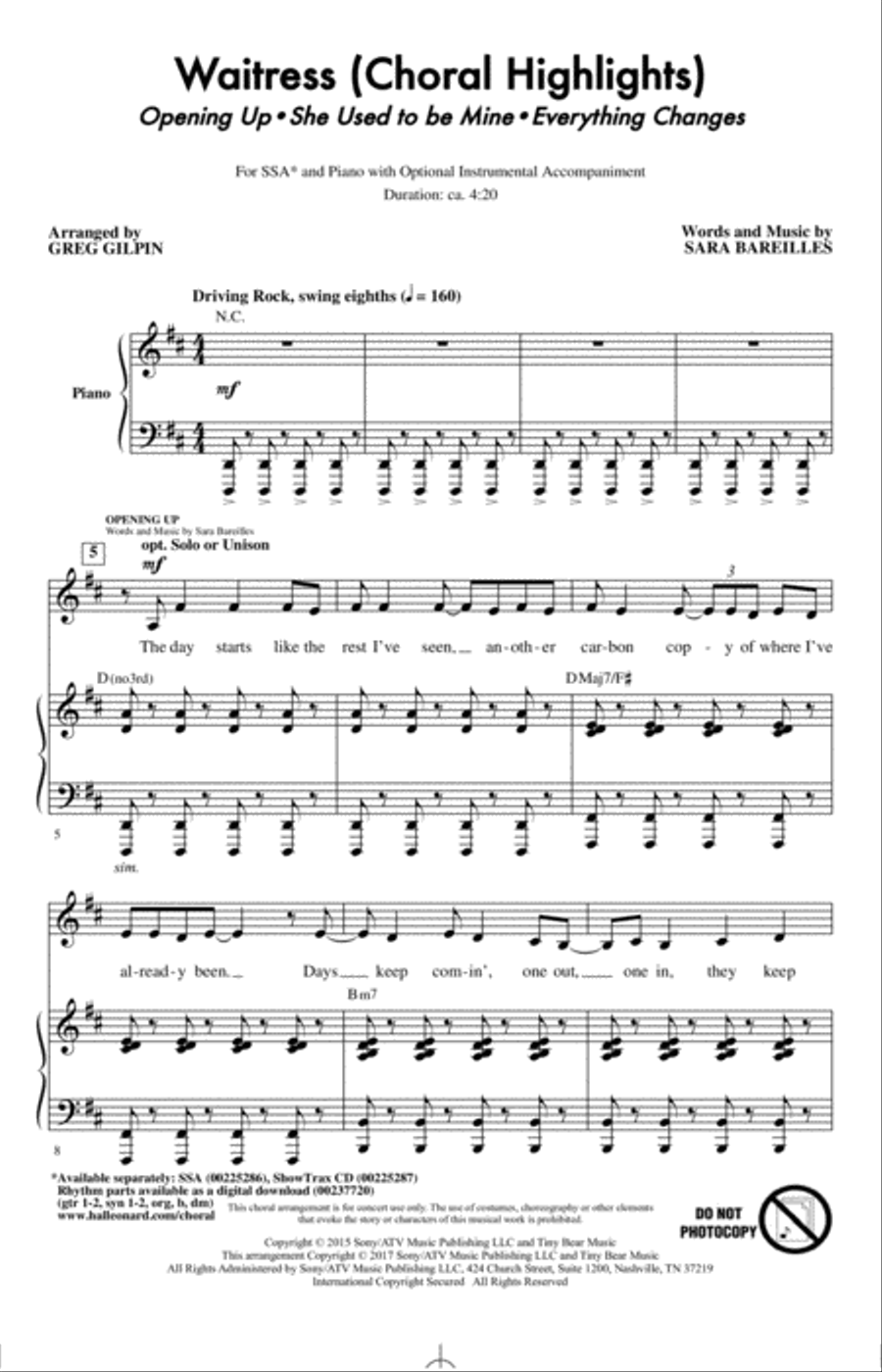 Waitress (Choral Highlights) (arr. Greg Gilpin) SSA scores gallery preview page 1
