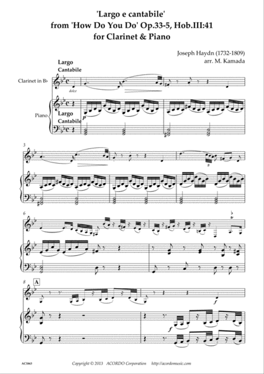 Largo e cantabile’ from 'How Do You Do' Op.33-5, Hob.III:41 for Clarinet & Piano Clarinet Solo scores gallery preview page 1