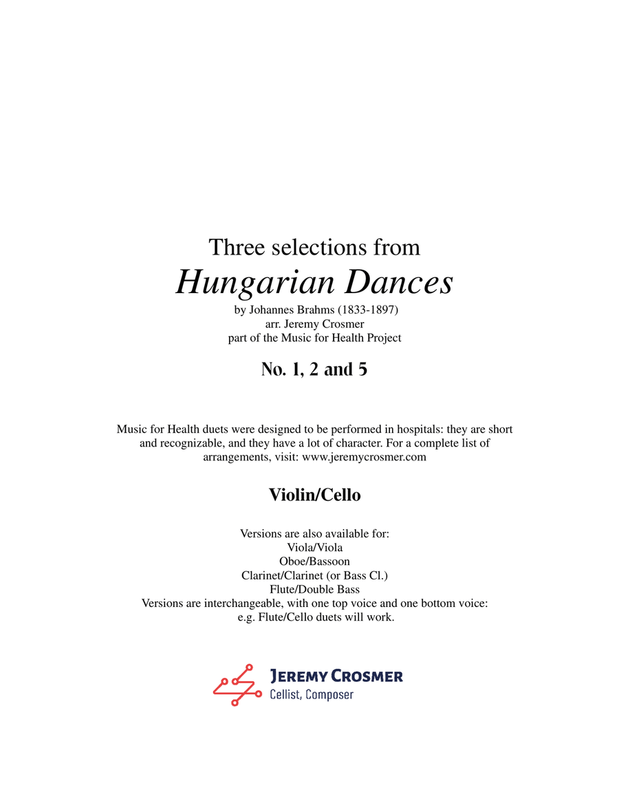 Brahms: Hungarian Dances No. 1, 2 and 5 - Music for Health Duet Violin/Cello String Duet scores gallery preview page 1