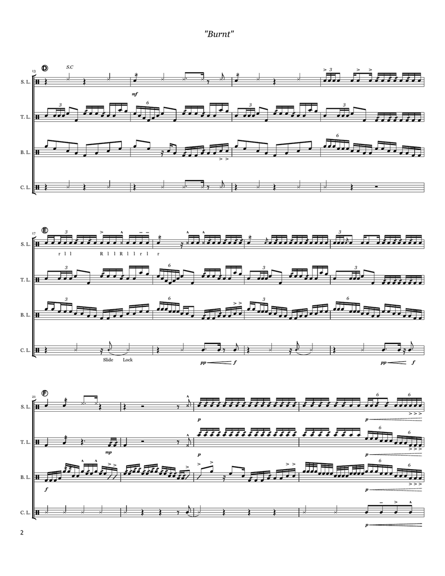 Burnt - Drumline Cadence (Level 5) Percussion Ensemble scores gallery preview page 2