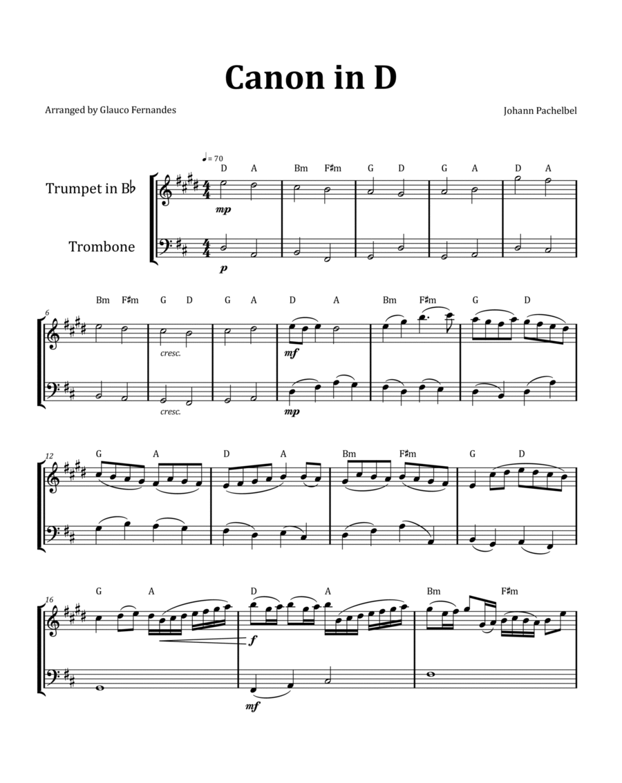 Canon by Pachelbel - Trumpet and Trombone Duet with Chord Notation image number null