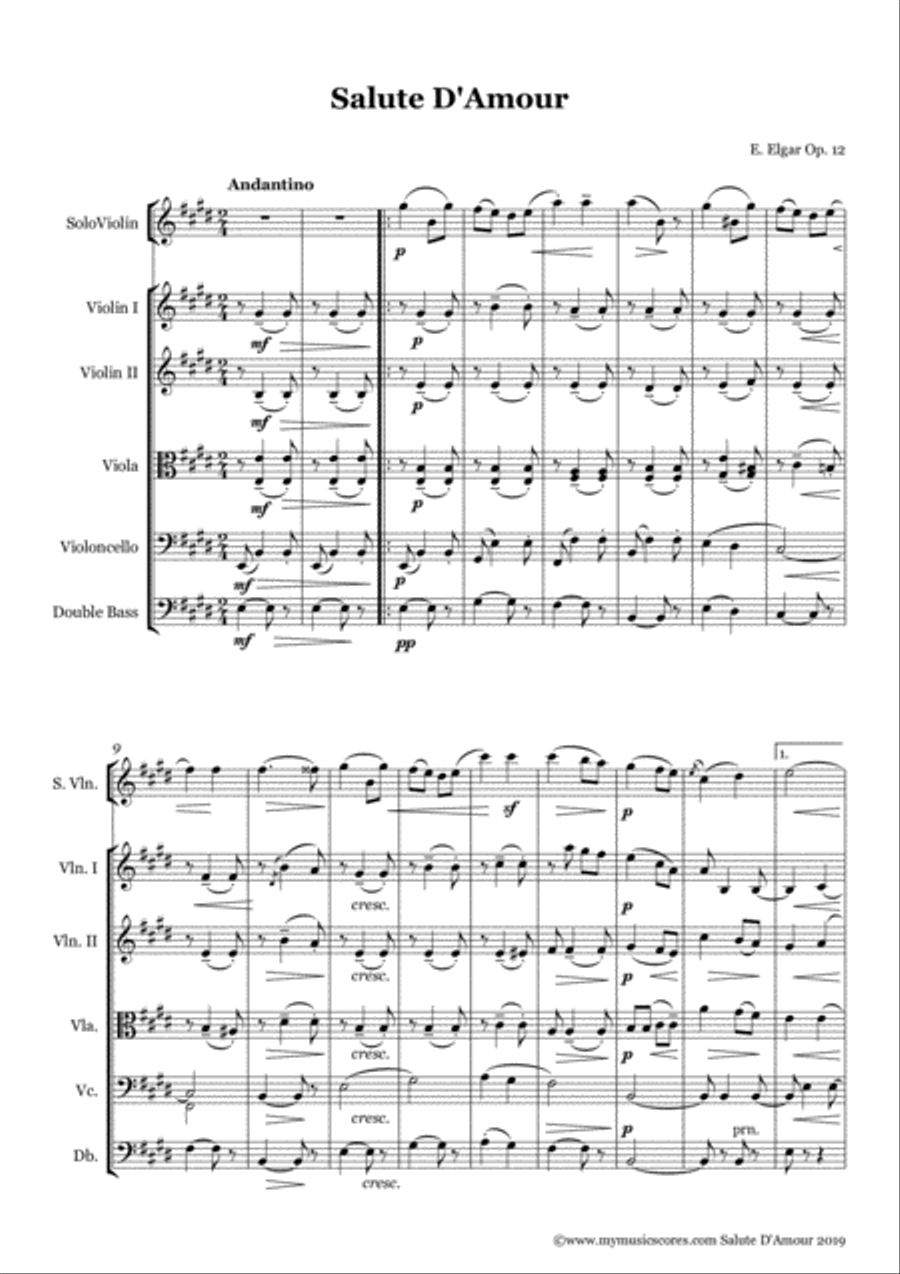 Elgar Salut d'amour for Violin and String Orchestra String Orchestra scores gallery preview page 2