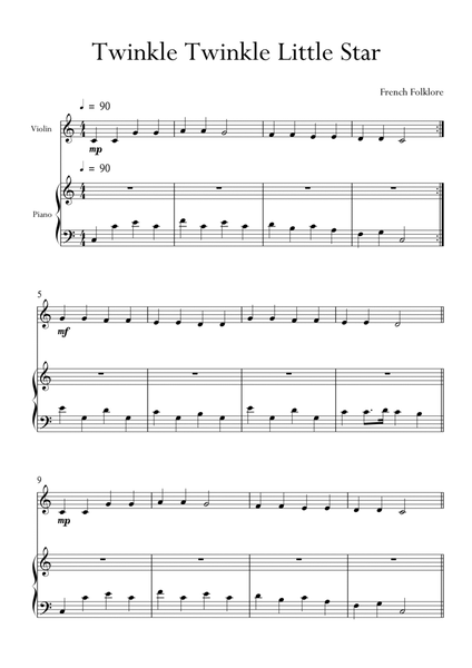 Twinkle Twinkle Little Star for Violin and Piano in C Major. Very Easy. image number null