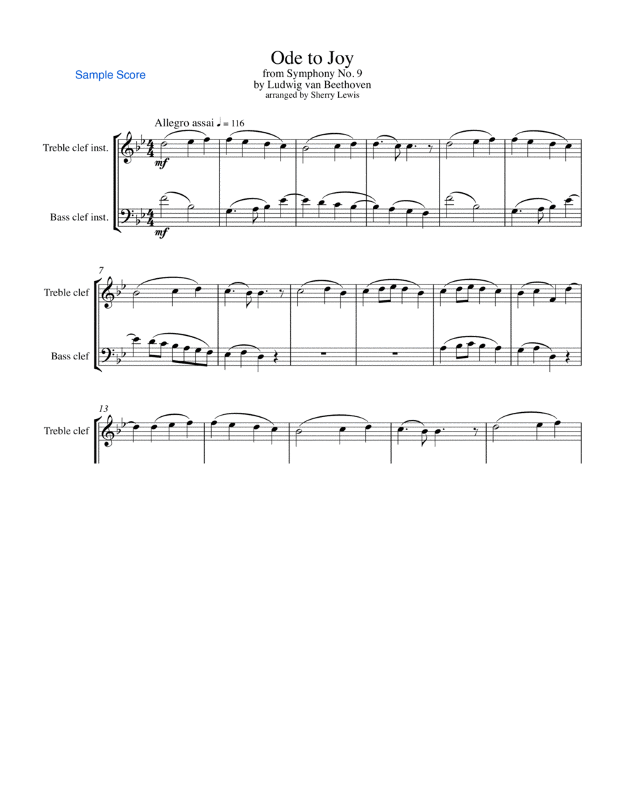 ODE TO JOY, Beethoven, Duo for String Duo, Woodwind Duo, any combination of a treble clef instrument Woodwind Duet scores gallery preview page 1