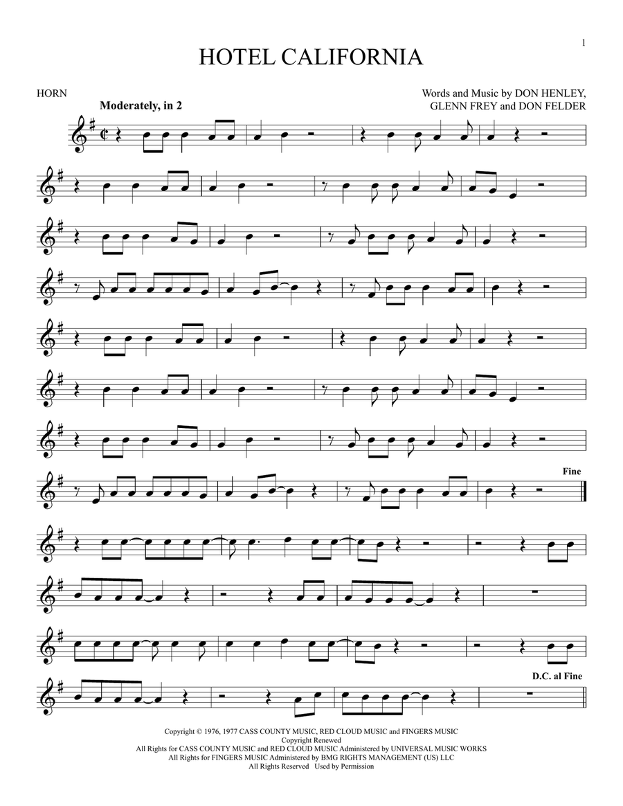 Hotel California Horn Solo scores gallery preview page 1