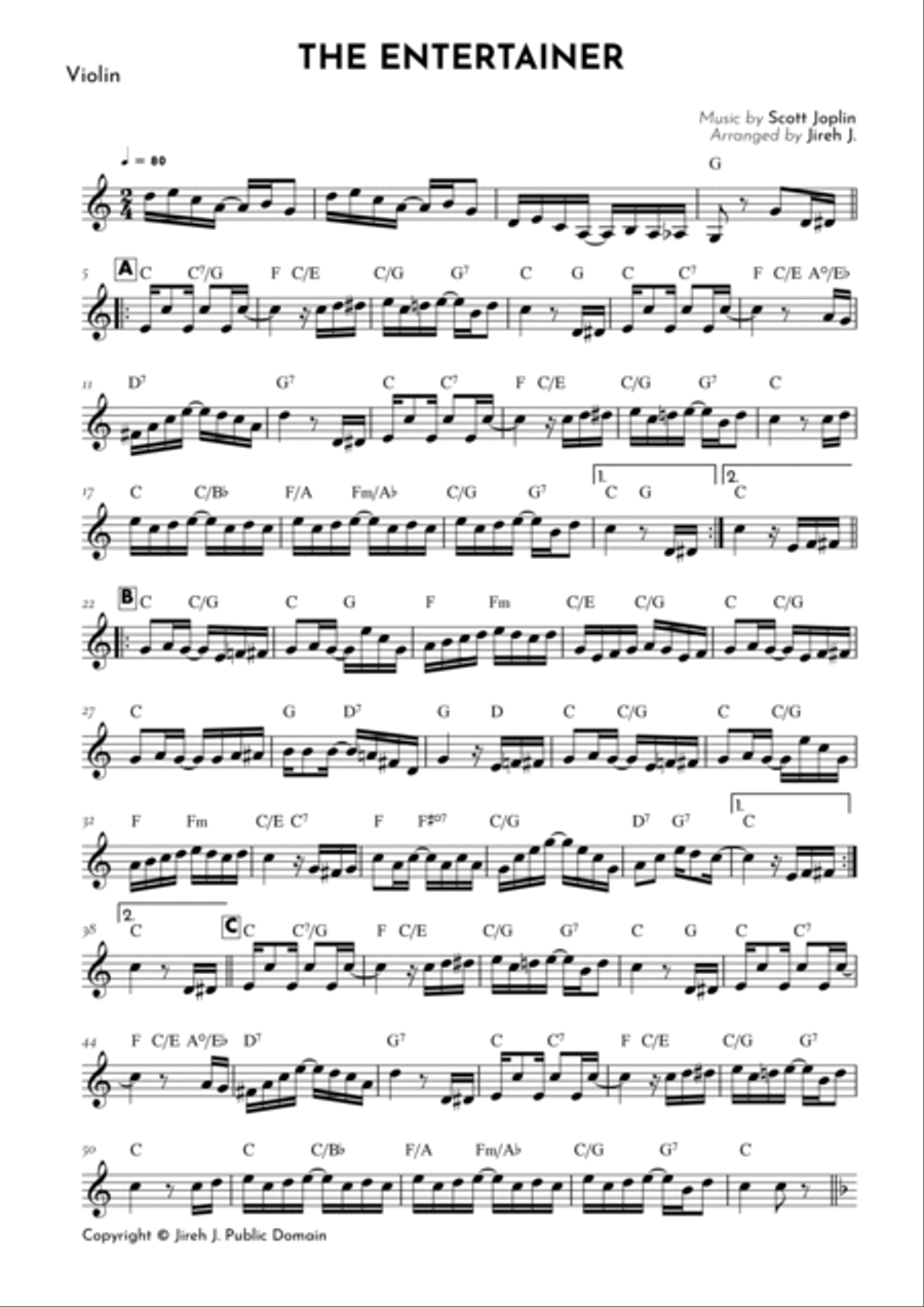 The Entertainer by Scott Joplin Violin Solo Digital Sheet