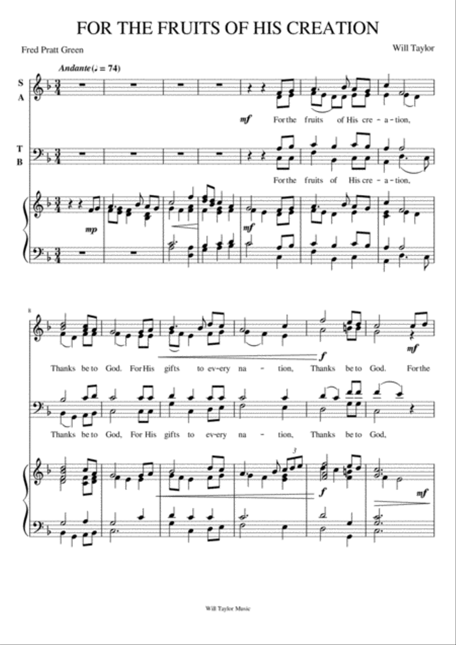 FOR THE FRUITS OF HIS CREATION 4-Part scores gallery preview page 1