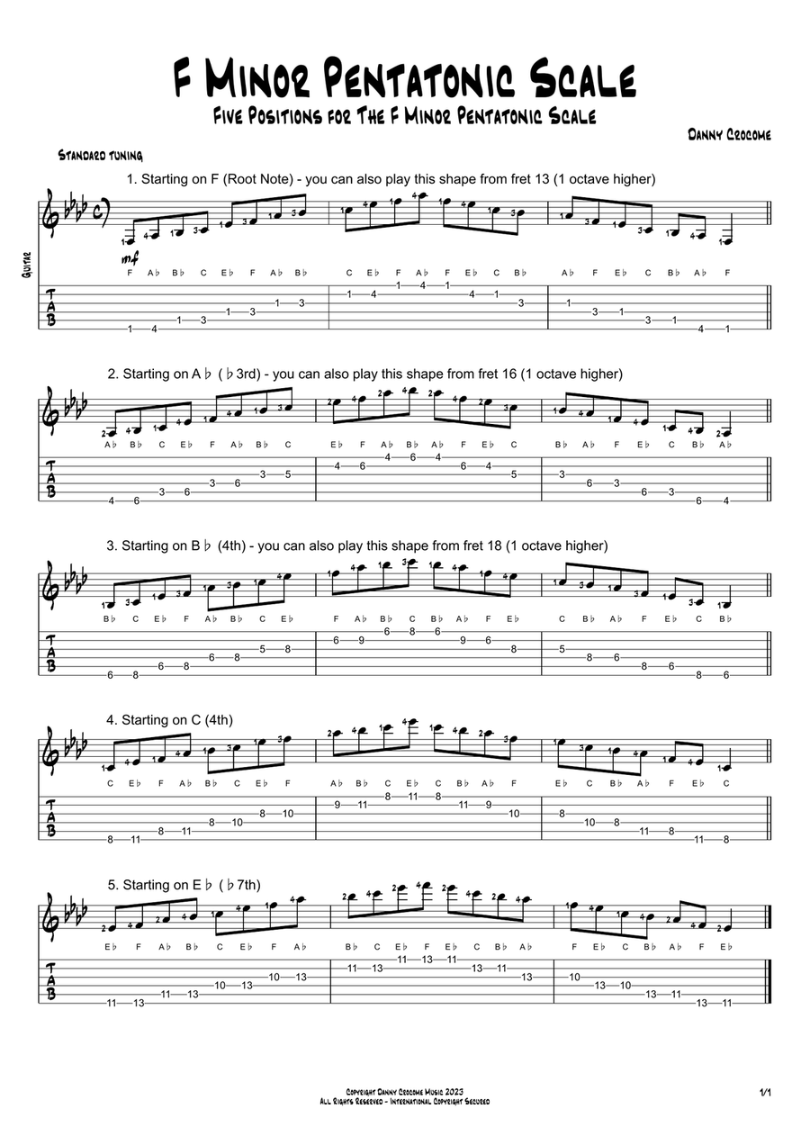 F Minor Pentatonic Scale (Five Positions) Classical Guitar scores gallery preview page 1