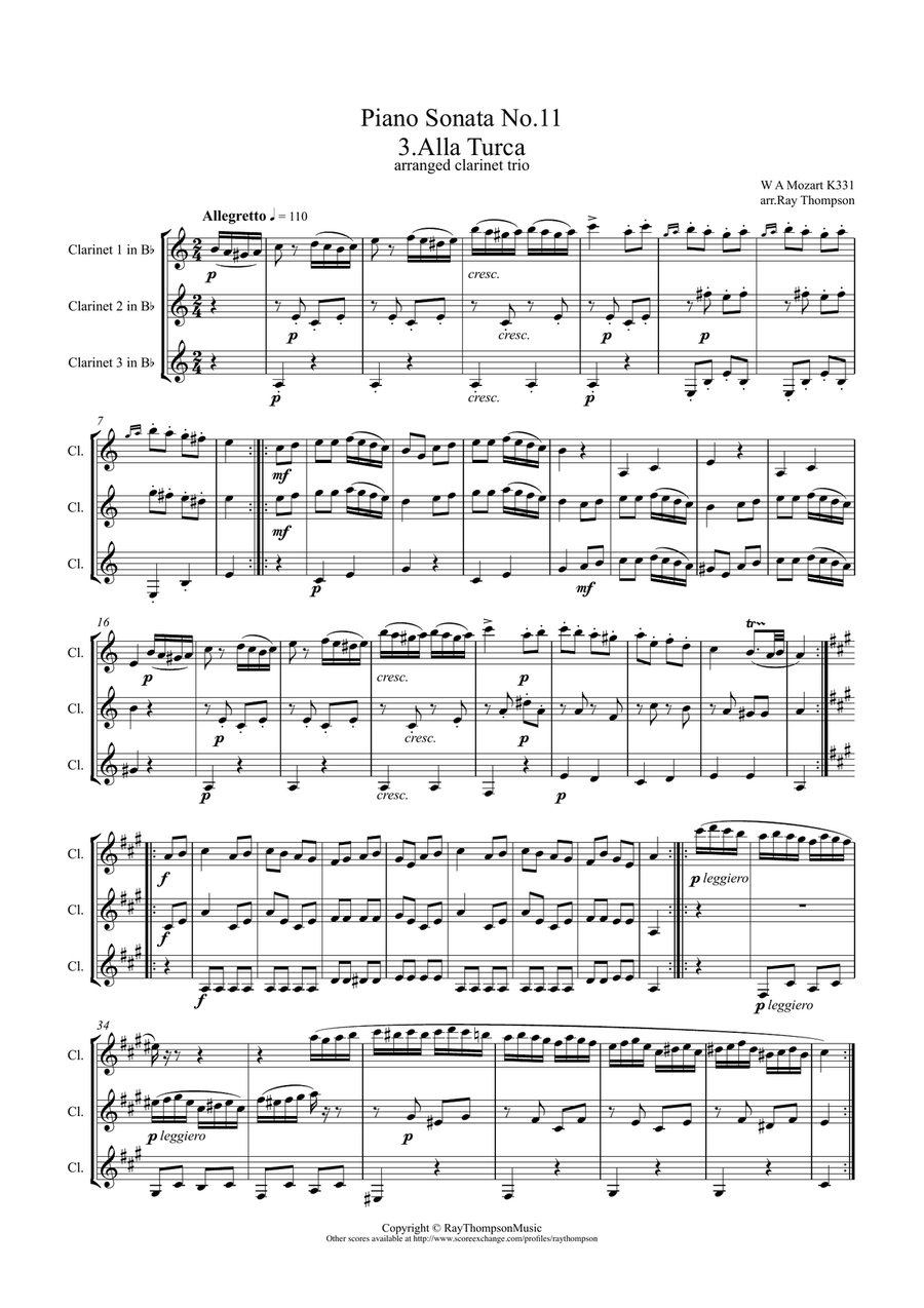 Mozart: Piano Sonata No.11 in A K331 Mvt. III. Rondo Alla Turca (Turkish March) - clarinet trio Clarinet Trio scores gallery preview page 1