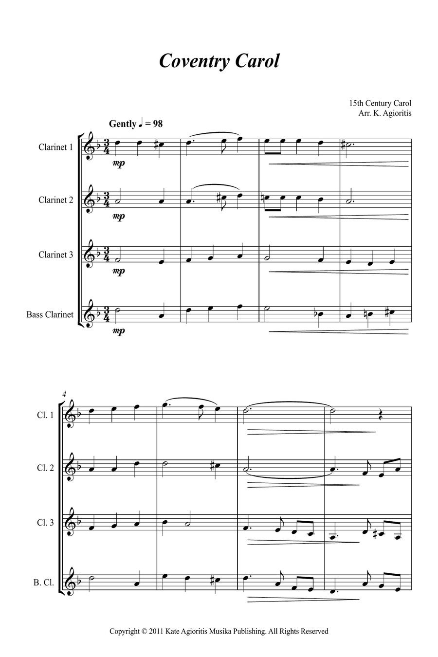 Jazz Carols Collection #6 - Clarinet Quartet (Coventry Carol; What Child Is This?; Silent Night) Clarinet Quartet scores gallery preview page 4