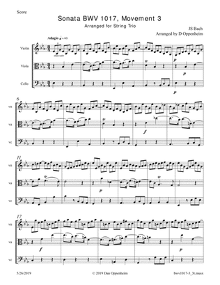 Book cover for Bach: Sonata BWV 1017, Movement 3 arranged for String Trio (Violin, Viola and Cello)