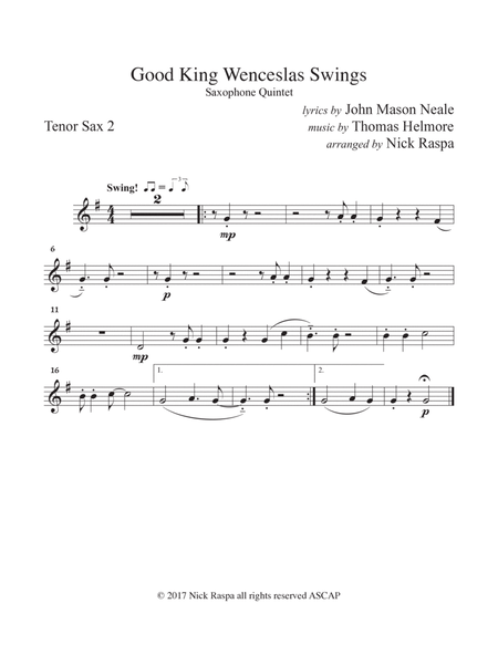 Good King Wenceslas Swings (easy sax quintet AATTB) Tenor Sax 2 part