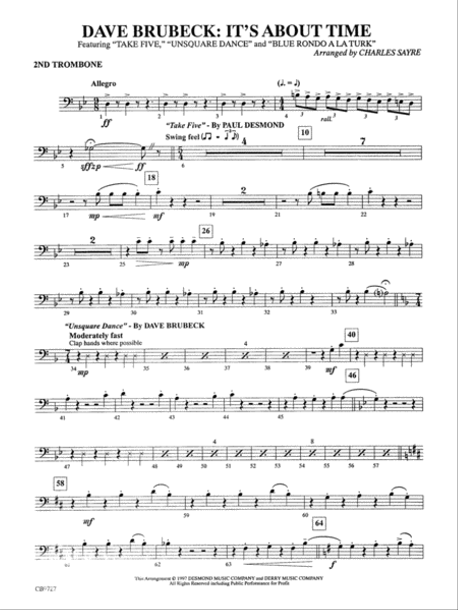 Dave Brubeck: It's About Time: 2nd Trombone Concert Band scores gallery preview page 1