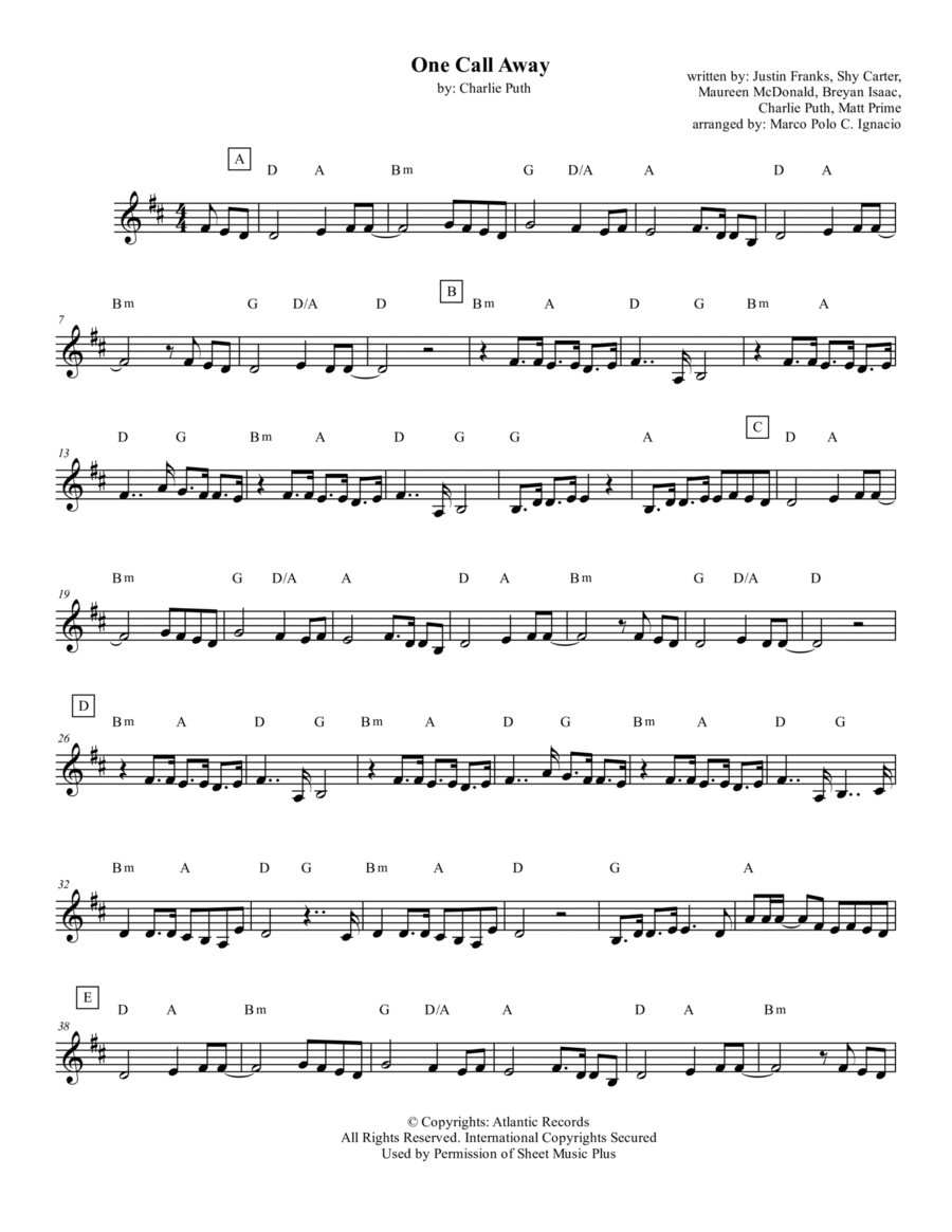 One Call Away Piano scores gallery preview page 1