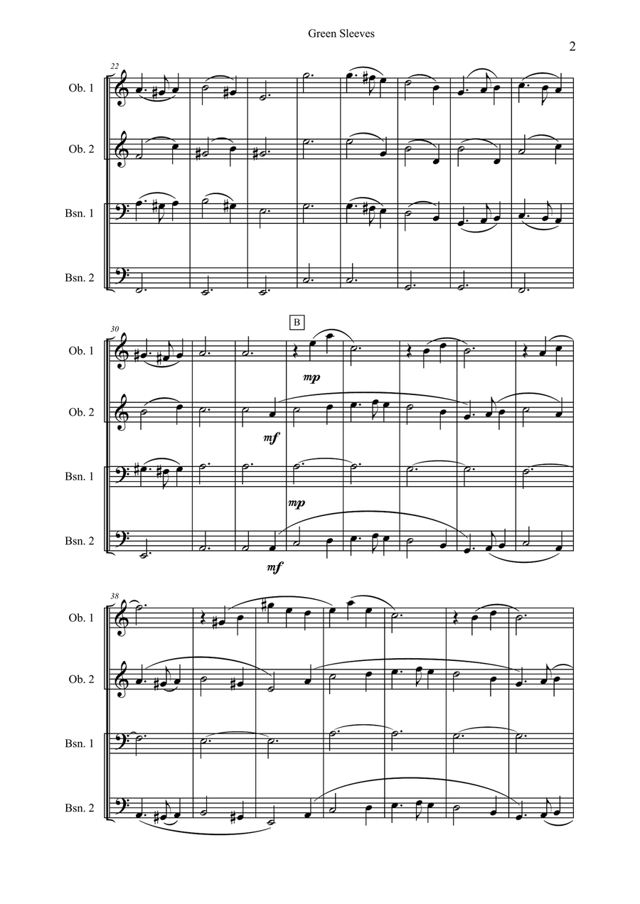 Green Sleeves for double reed quartet Bassoon scores gallery preview page 2