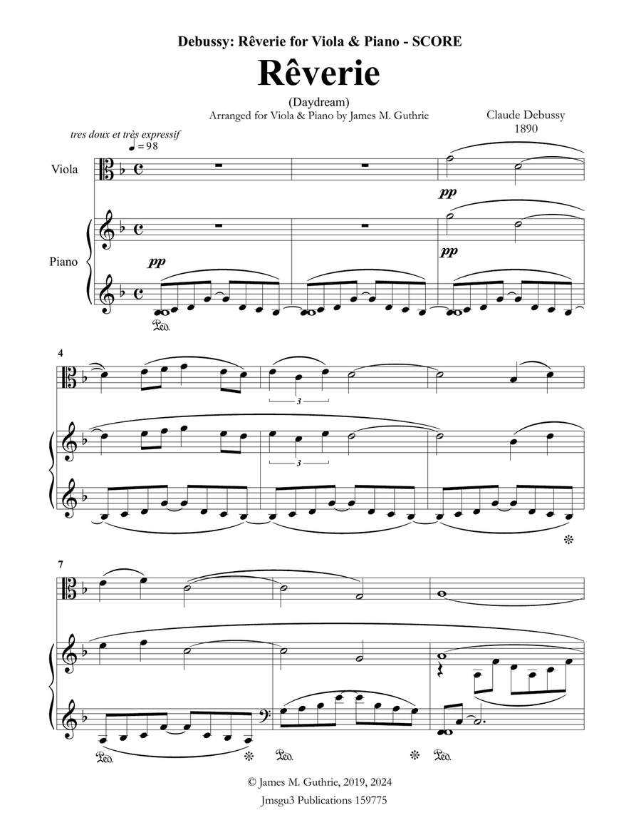 Debussy Reverie for Viola Piano by Claude Debussy Viola
