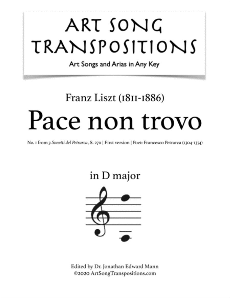 LISZT: Pace non trovo, S. 270 (first version, transposed to D major) Voice scores gallery preview page 1