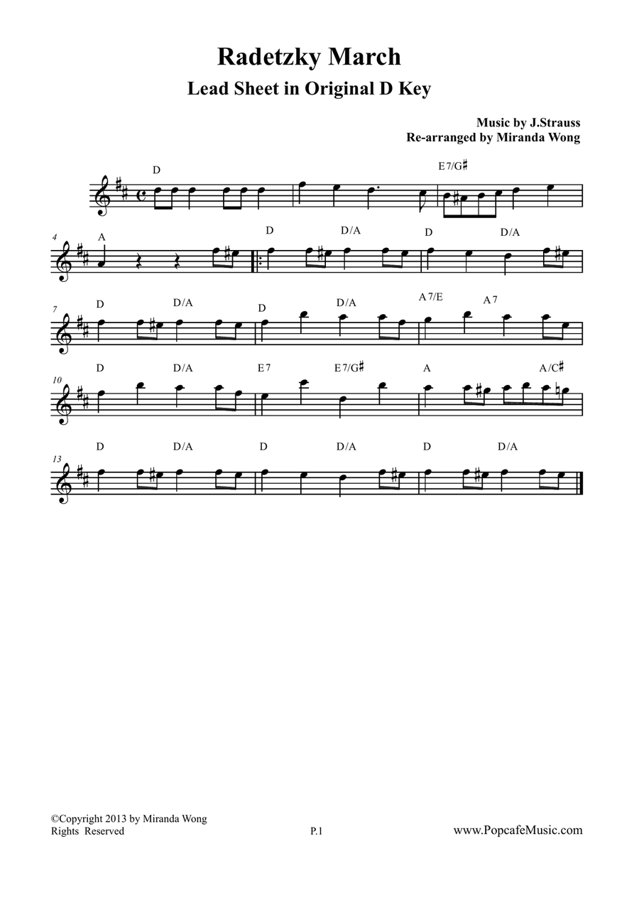 Radetzky March in Original D Key - Lead Sheet