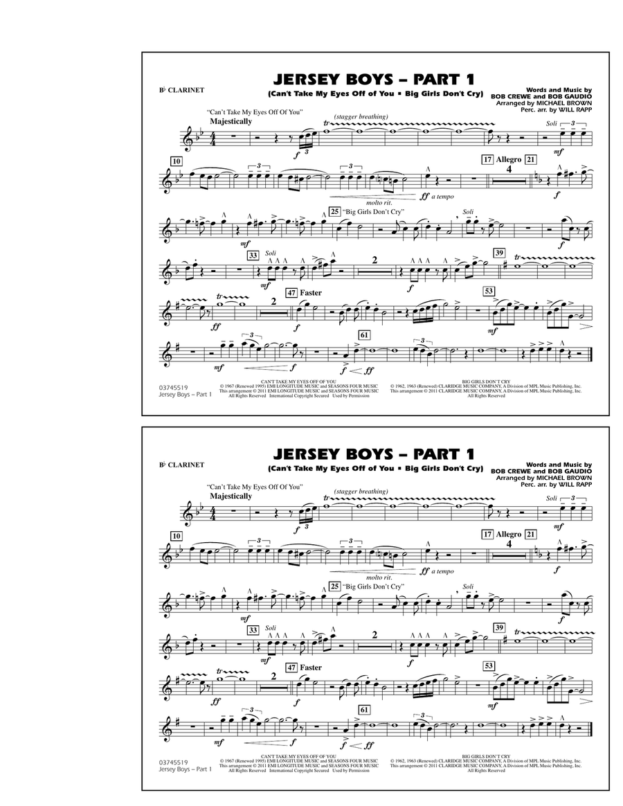 Jersey Boys: Part 1 - Bb Clarinet Marching Band scores gallery preview page 1
