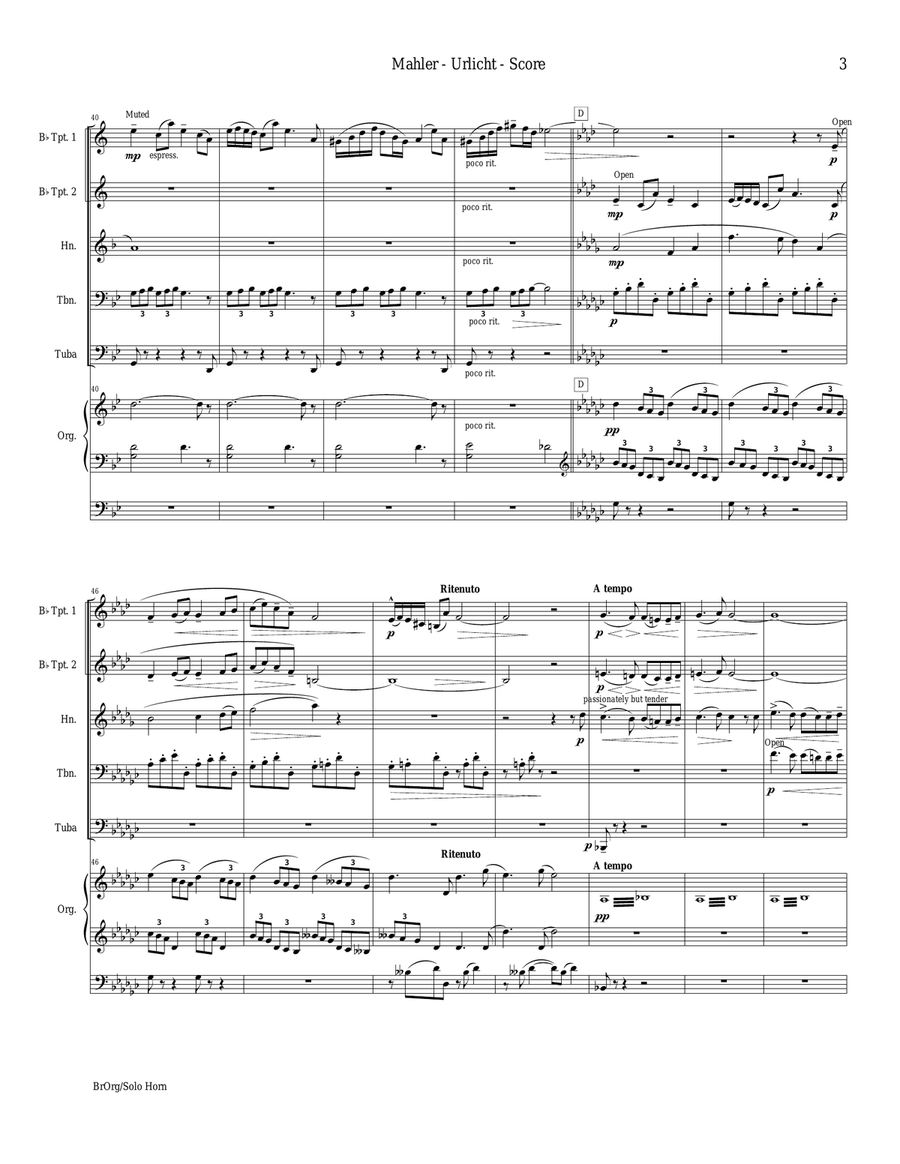 Urlicht (Primeval Light), Fourth Movement, Symphony No. 2 (for Brass Quintet [Horn Solo] & Organ) Brass Ensemble scores gallery preview page 4