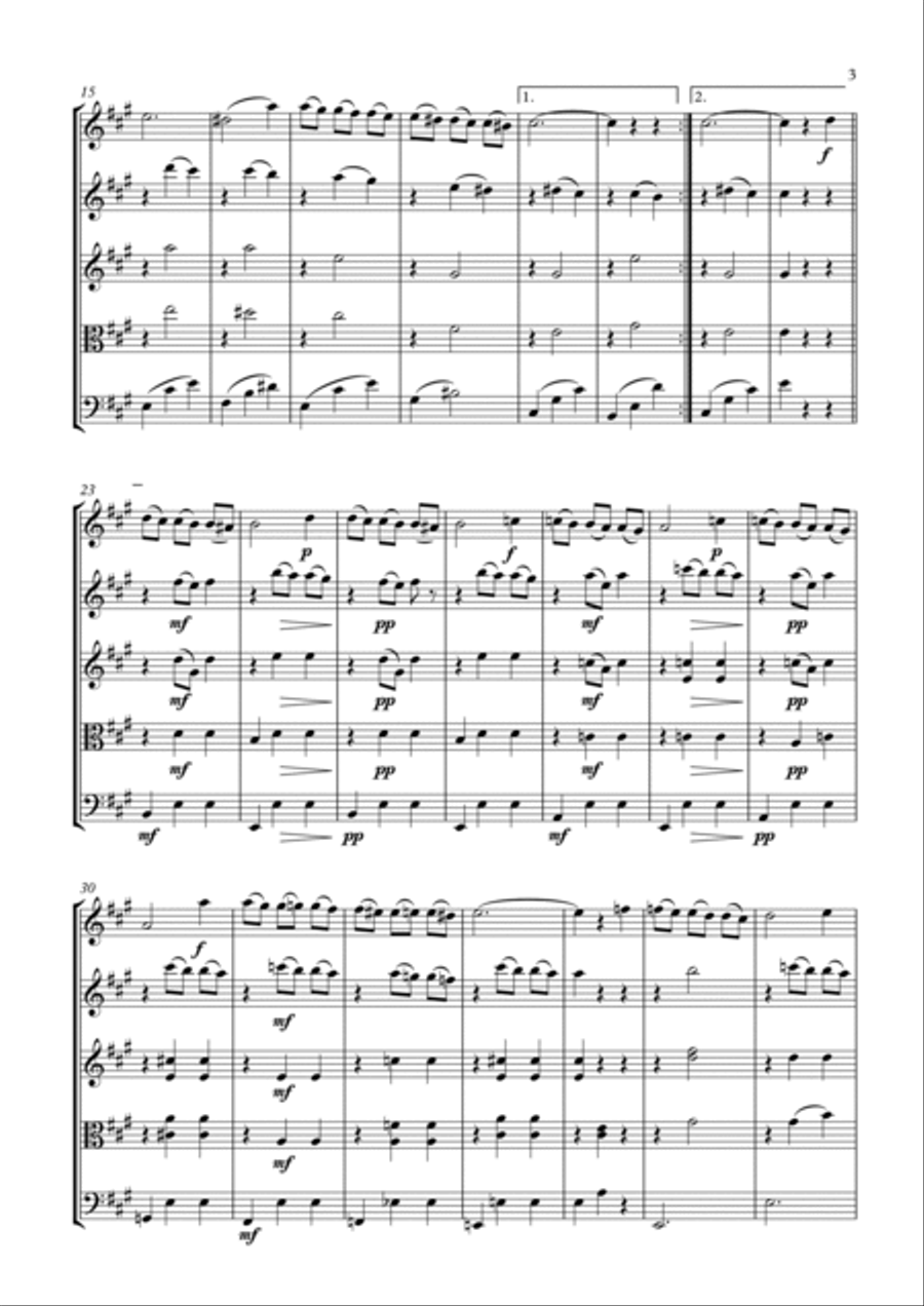 Valse Miniature arranged for double bass in solo tuning and string quartet/string orchestra. String Quartet scores gallery preview page 3