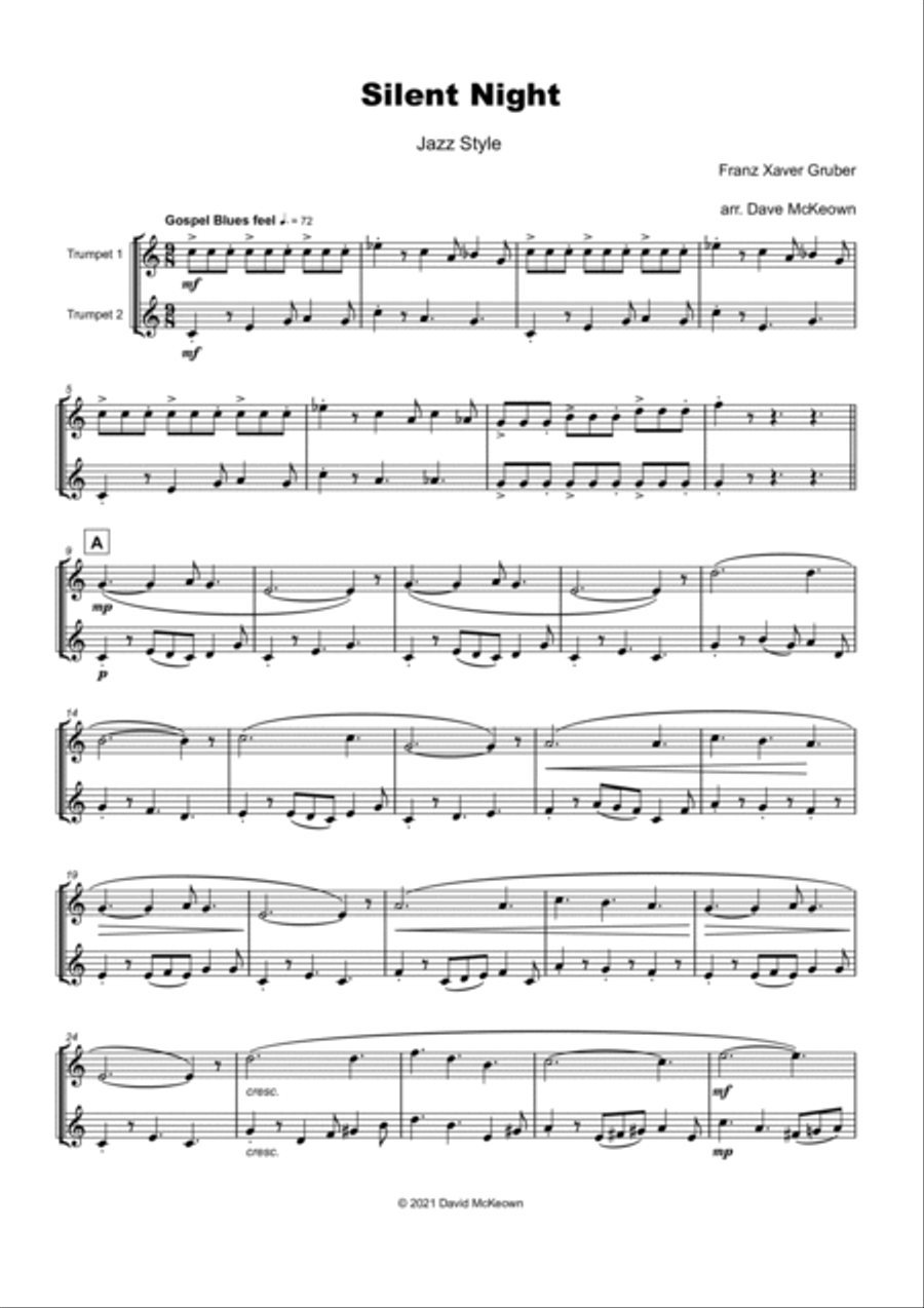 Silent Night, Gospel Style, for Trumpet Duet Trumpet Duet scores gallery preview page 2