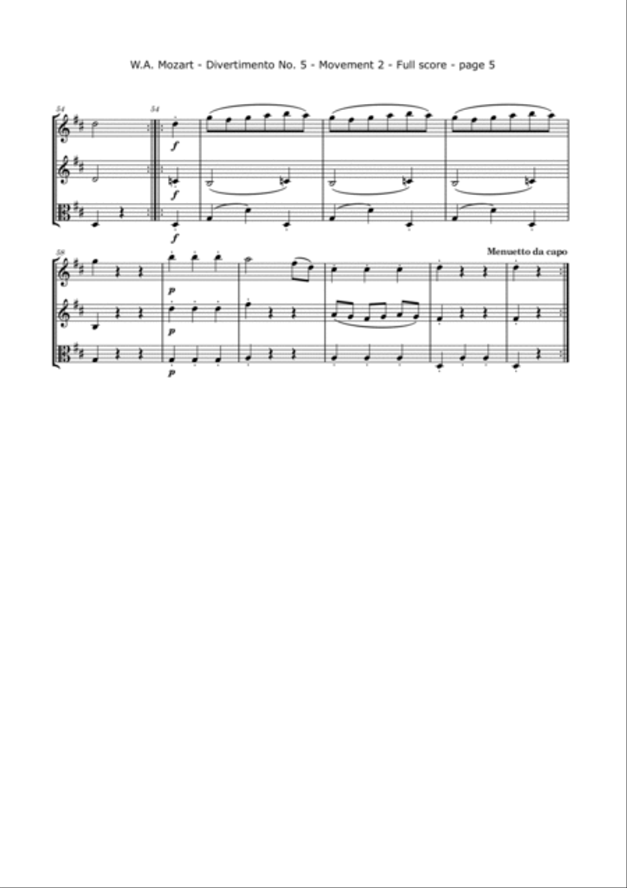 Mozart, W.A. - Divertimento No. 5, KV. 229 for 2 Violins and Viola String Trio scores gallery preview page 5